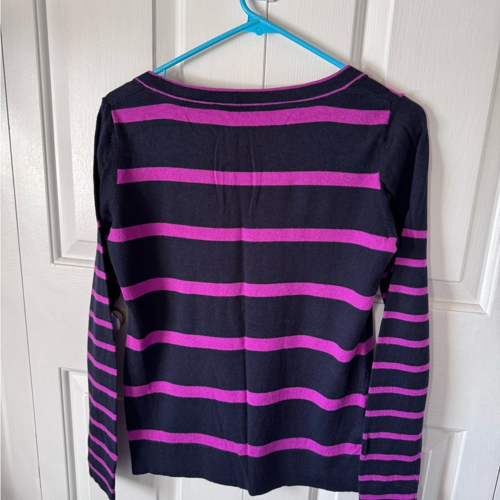 LOFT Medium Navy and Fushia Striped Sweater with Buttons - Picture 2 of 7